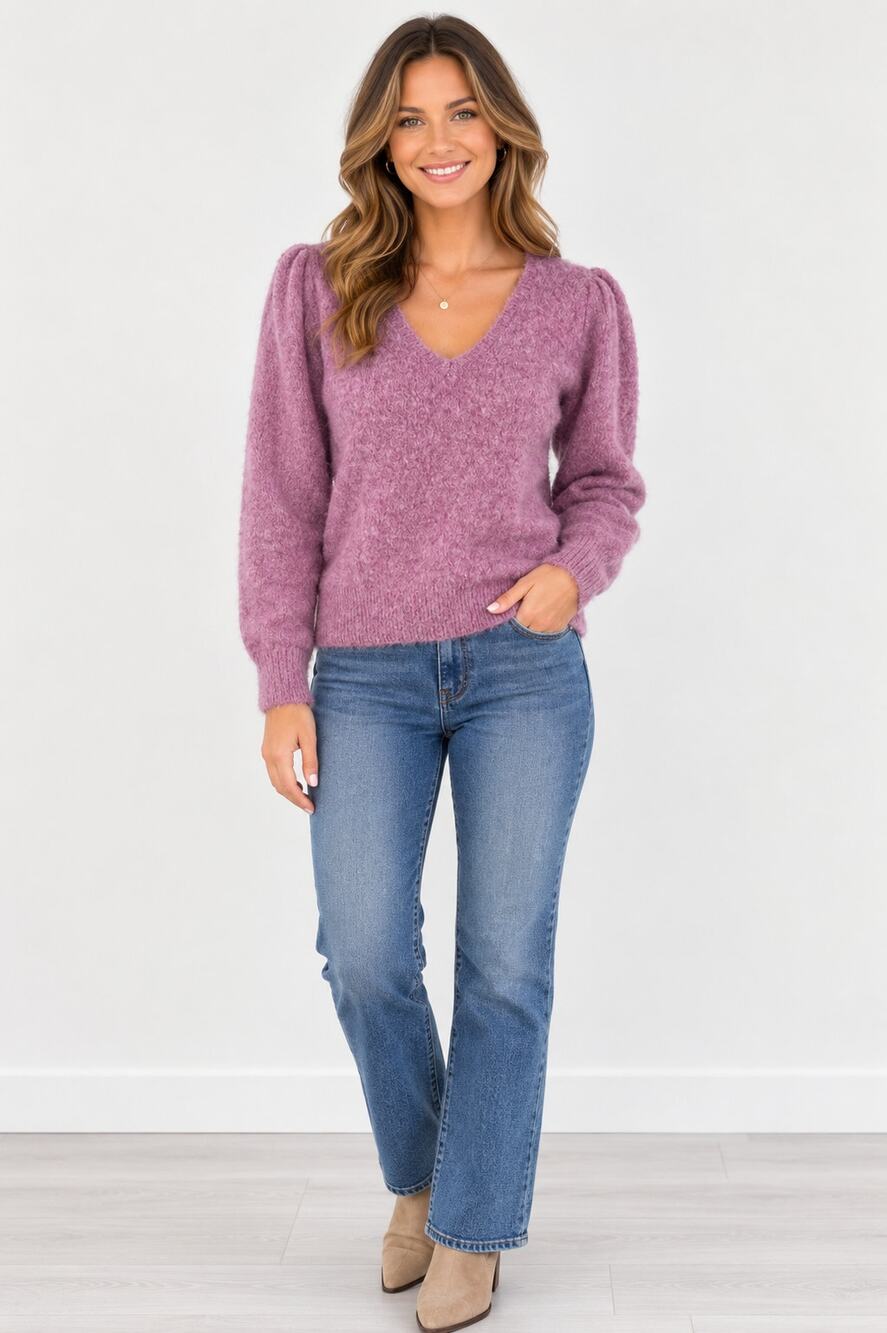 ASTR The Label Pink Marl Fuzzy V-Neck Puff Sleeve Sweater Womens Size Medium New